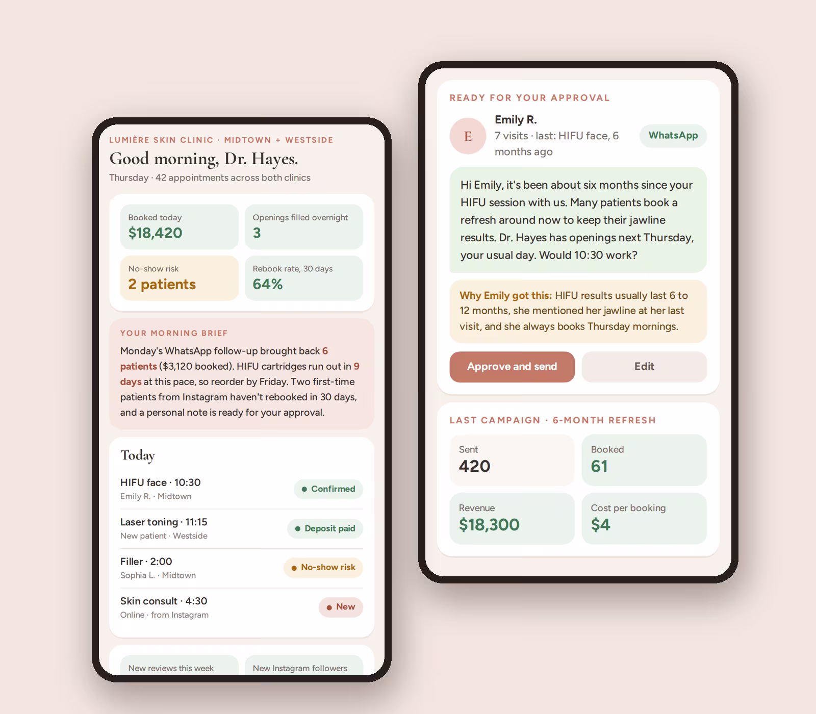 A skin clinic's morning screen and a personal follow-up waiting for approval