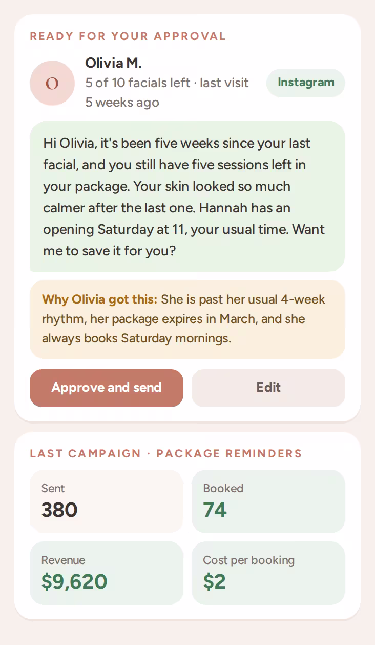 A personal follow-up for a package client, waiting for approval, with the reason and campaign results