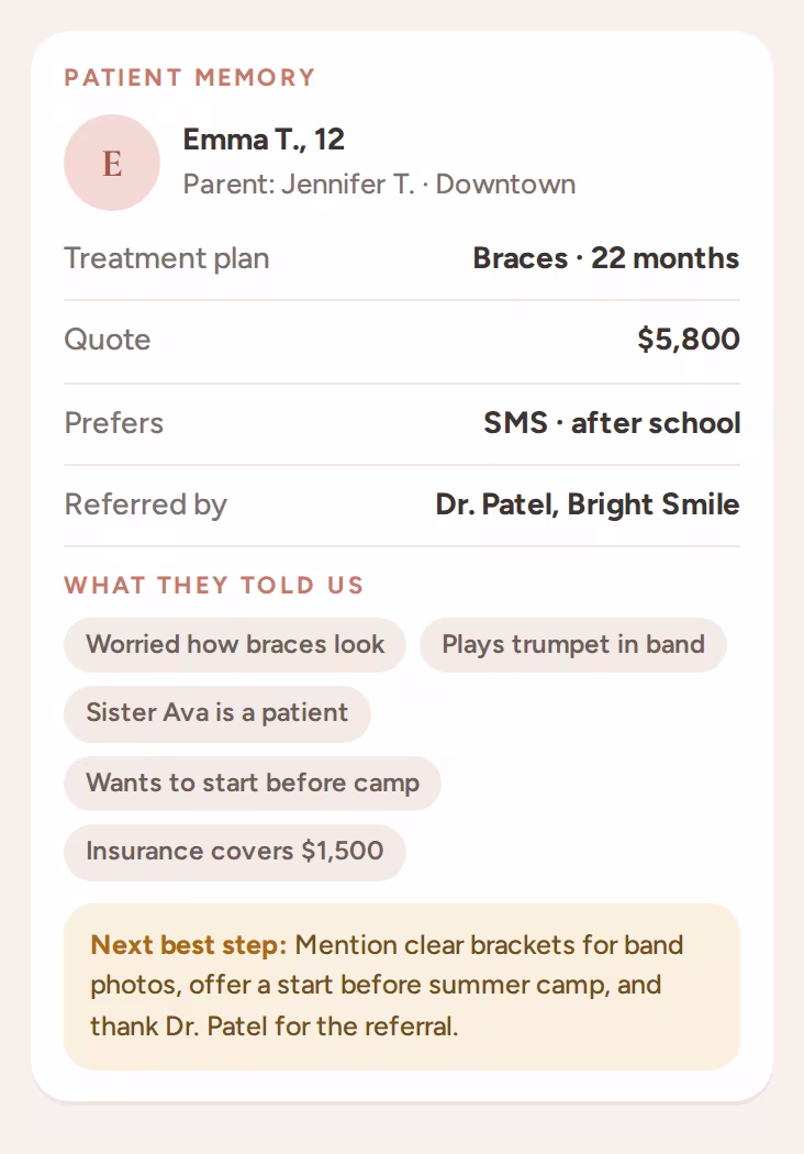 Patient memory card with treatment plan, quote, family details and the next best step