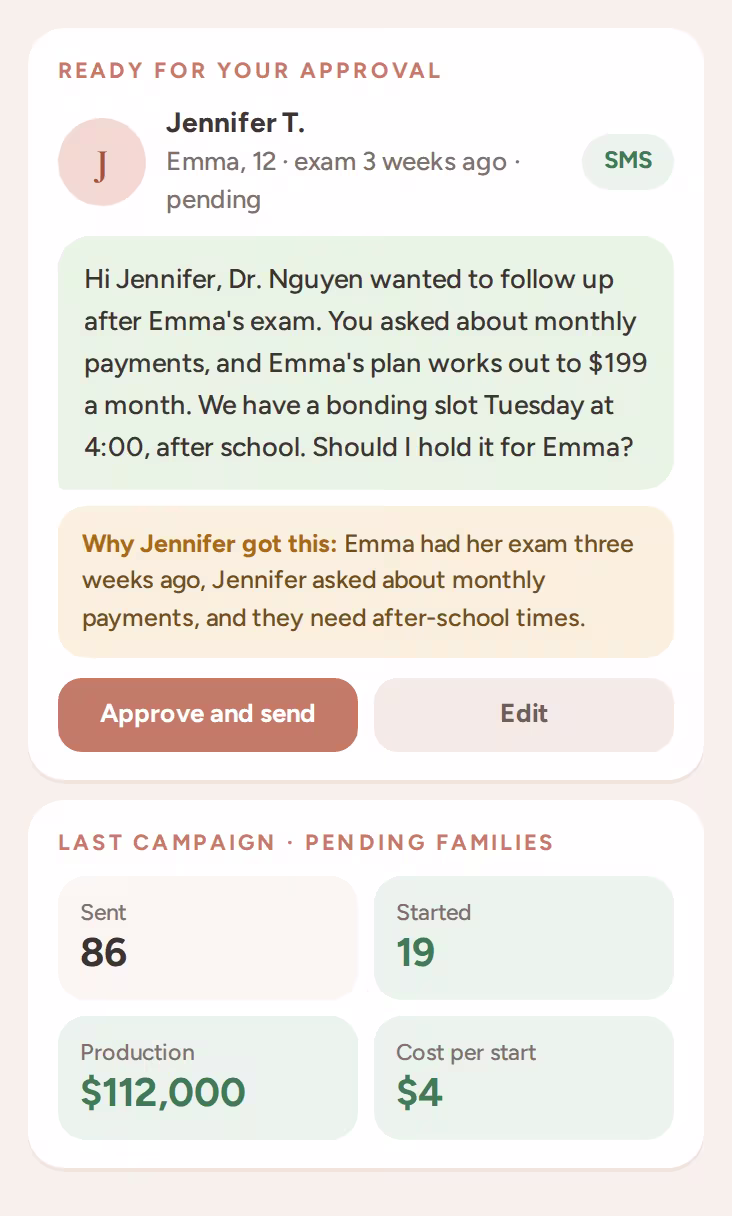 A personal follow-up for a pending family, waiting for approval, with the reason and campaign results