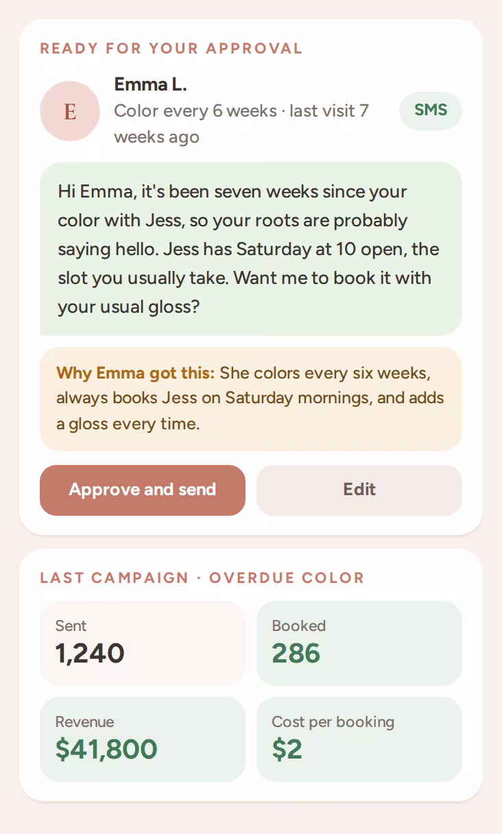 A personal follow-up for a color client, waiting for approval, with the reason and campaign results
