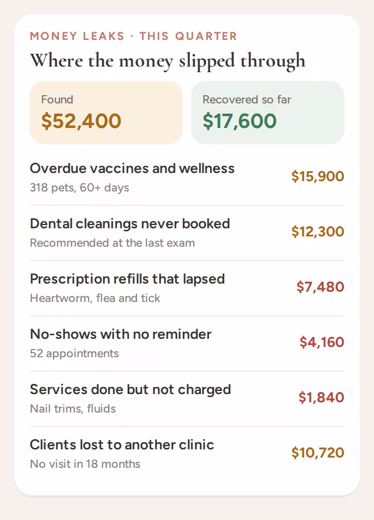 Money leaks found this quarter: overdue vaccines, unbooked dental cleanings, lapsed refills, no-shows and lost clients
