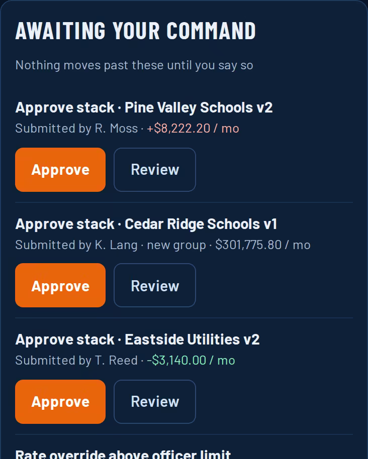 Owner approvals screen from an enterprise build